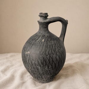 1930s Hungarian Black Pottery Jug Vase Hand Thrown Earthenware Vessel Rustic Folk Art Ceramic Pitcher Primitive Decor