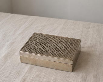 Vintage Wooden Inlay Cigarette Case, Mid Century Trinket Box, Silver Tone Vanity Box, Gentleman’s Desk Decor