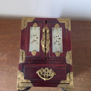 Vintage Chinese Jewelry Cabinet Wooden Keepsake Box Jade Panels Brass Mounted Miniature Apothecary Chest Asian Decor Locking Box image 18