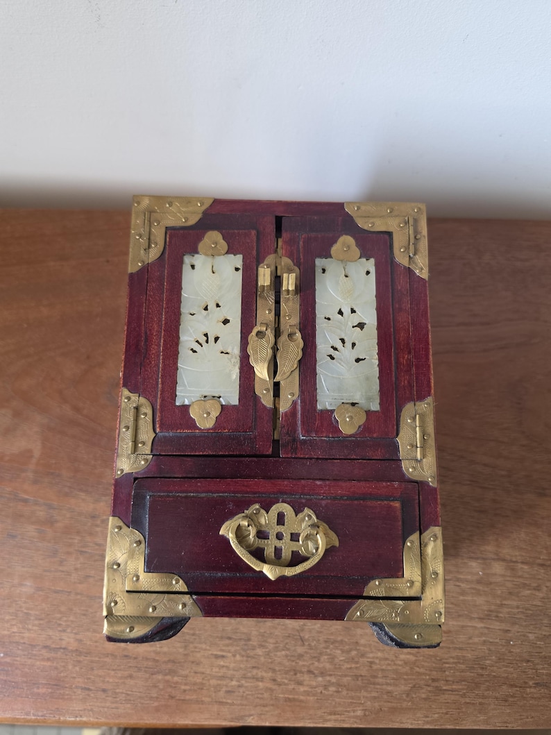 Vintage Chinese Jewelry Cabinet Wooden Keepsake Box Jade Panels Brass Mounted Miniature Apothecary Chest Asian Decor Locking Box image 18