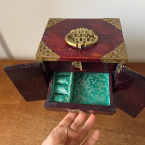Vintage Chinese Jewelry Cabinet Wooden Keepsake Box Jade Panels Brass Mounted Miniature Apothecary Chest Asian Decor Locking Box image 8