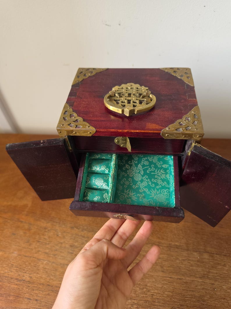 Vintage Chinese Jewelry Cabinet Wooden Keepsake Box Jade Panels Brass Mounted Miniature Apothecary Chest Asian Decor Locking Box image 8