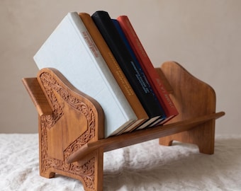 Vintage Hand Carved Wooden Magazine Rack, Boho Teak Book Holder
