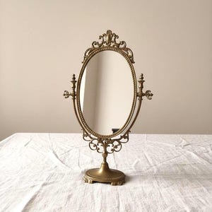 Vintage French Brass Vanity Mirror | La Cuivrerie Caen | Ornate Oval Tabletop Mirror | Rococo Louis XVI Style, Adjustable