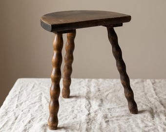 Vintage Wooden Milking Stool with Turned Legs | Rustic Farmhouse Stool | Primitive Wood Side Table | Cottage Decor