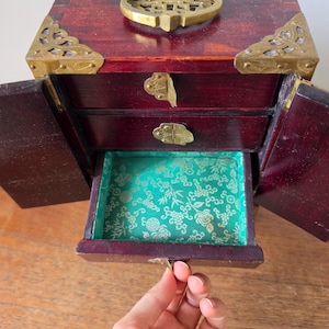 Vintage Chinese Jewelry Cabinet Wooden Keepsake Box Jade Panels Brass Mounted Miniature Apothecary Chest Asian Decor Locking Box image 9