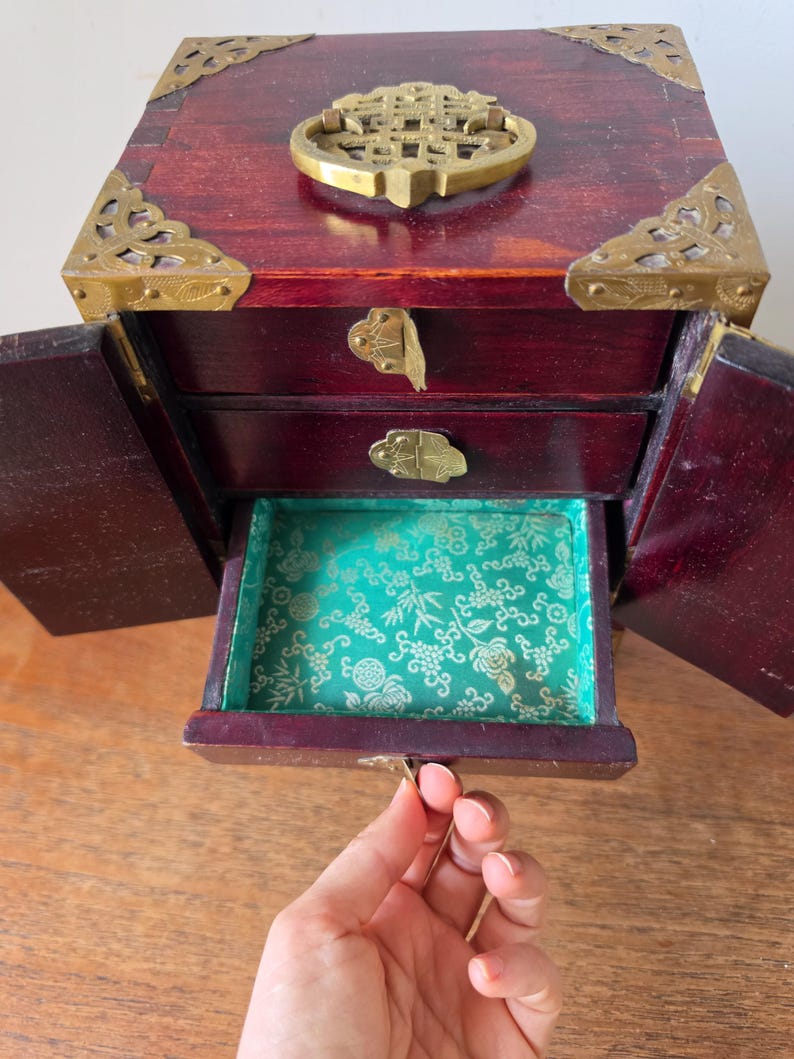Vintage Chinese Jewelry Cabinet Wooden Keepsake Box Jade Panels Brass Mounted Miniature Apothecary Chest Asian Decor Locking Box image 9
