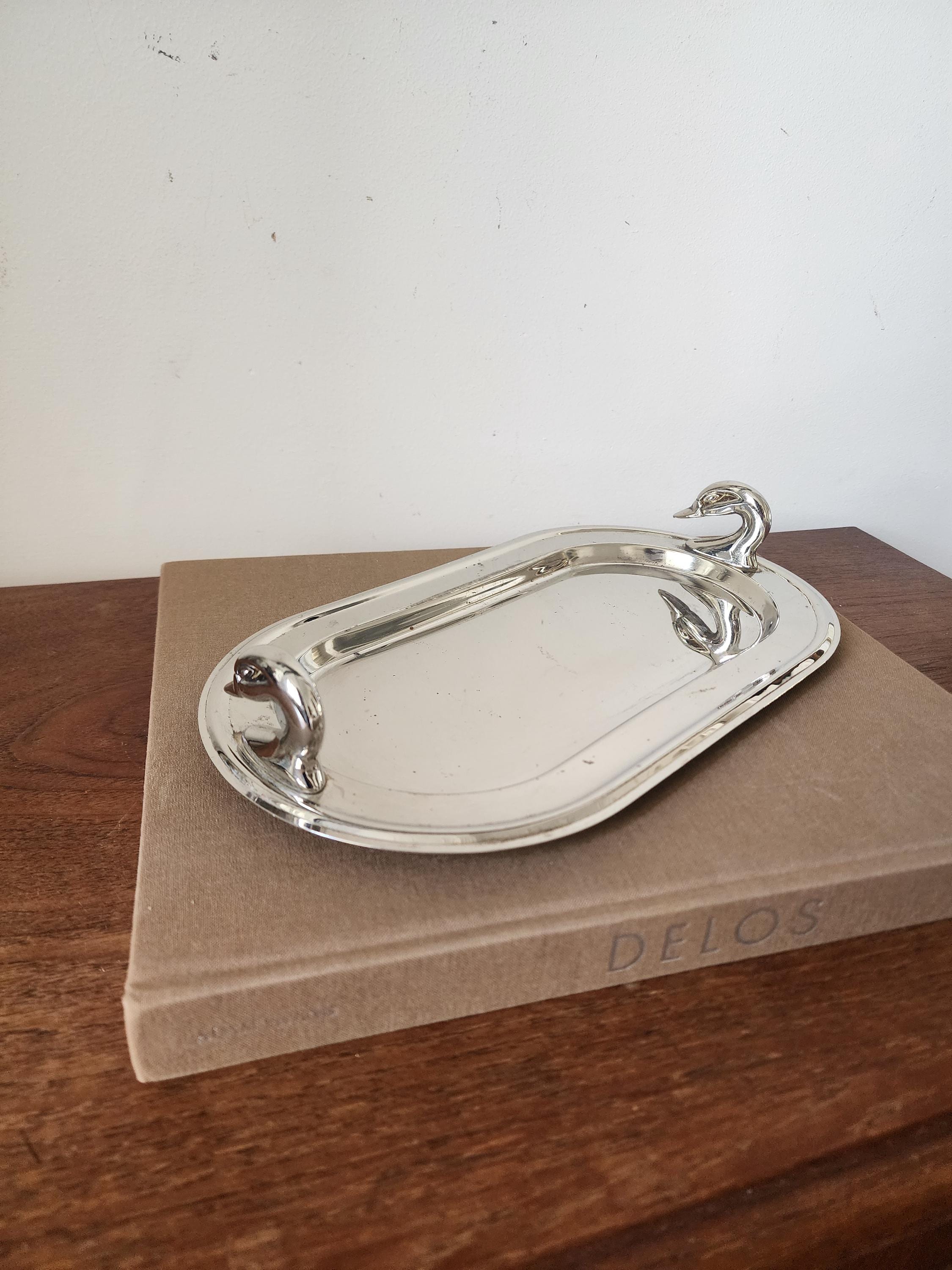 1960s French Chrome Swan Handle Tray, Mid Century Modern Silver