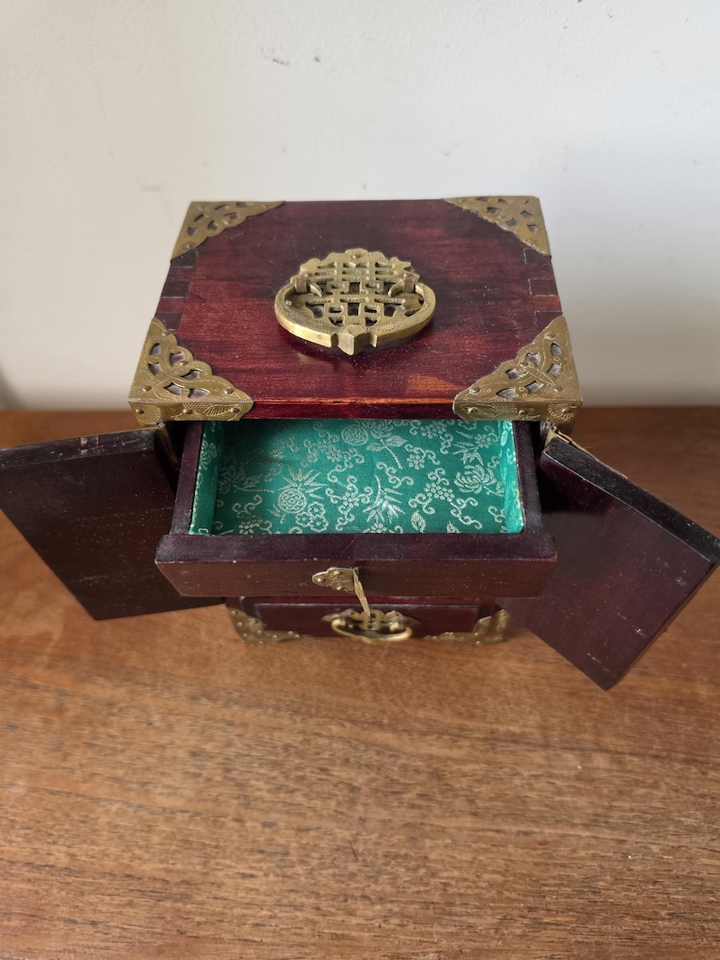 Vintage Chinese Jewelry Cabinet Wooden Keepsake Box Jade Panels Brass Mounted Miniature Apothecary Chest Asian Decor Locking Box image 7