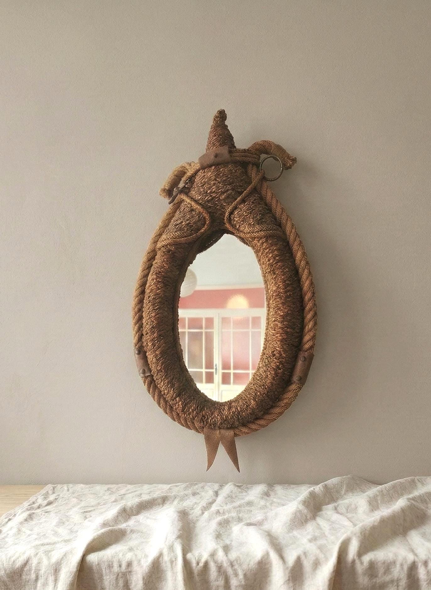 Audoux Minet Rope Mirror, Vintage French Jute Wall Mirror, Mid