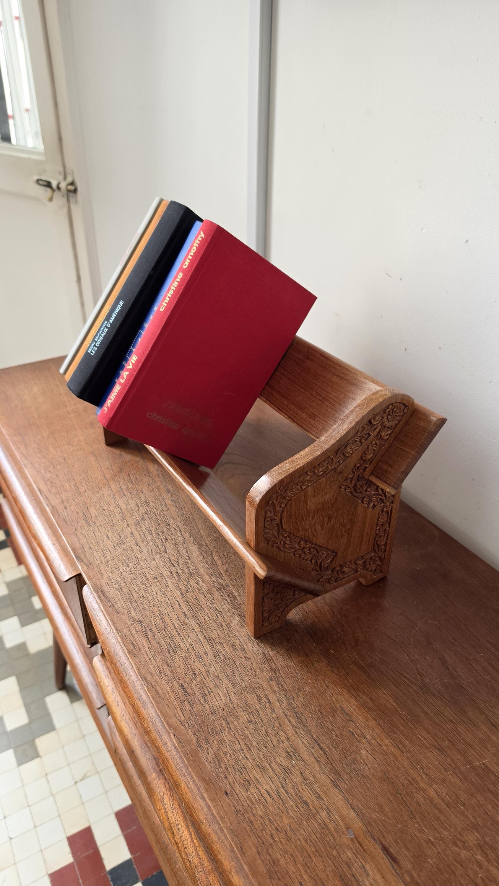 Vintage Hand Carved Wooden Magazine Rack, Boho Teak Book Holder