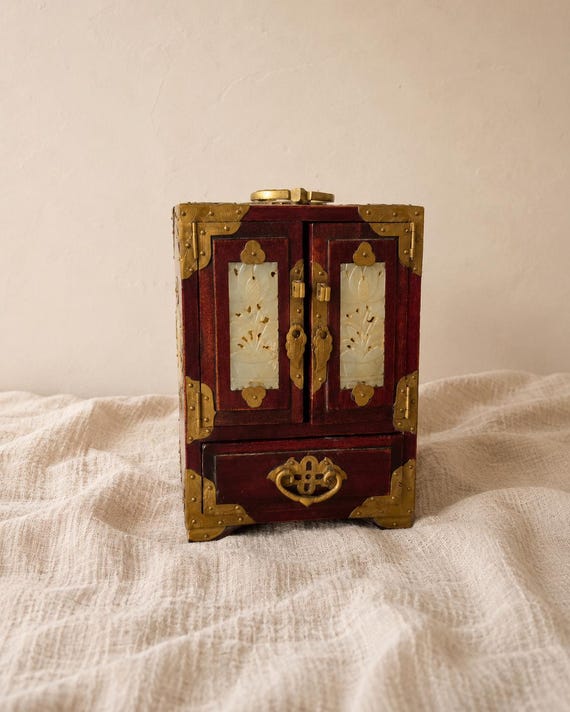 Vintage Chinese Jewelry Cabinet Wooden Keepsake Box Jade Panels Brass Mounted Miniature Apothecary Chest Asian Decor Locking Box