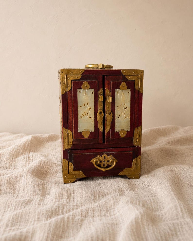 Vintage Chinese Jewelry Cabinet Wooden Keepsake Box Jade Panels Brass Mounted Miniature Apothecary Chest Asian Decor Locking Box image 1