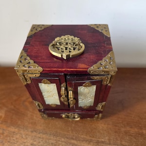 Vintage Chinese Jewelry Cabinet Wooden Keepsake Box Jade Panels Brass Mounted Miniature Apothecary Chest Asian Decor Locking Box image 5