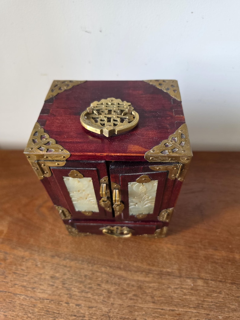 Vintage Chinese Jewelry Cabinet Wooden Keepsake Box Jade Panels Brass Mounted Miniature Apothecary Chest Asian Decor Locking Box image 5