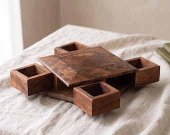 Joyero de madera de nudo con cajones secretos, caja de rompecabezas de madera vintage, caja con compartimentos ocultos, caja de baratijas de madera con incrustaciones, caja de almacenamiento de escritorio