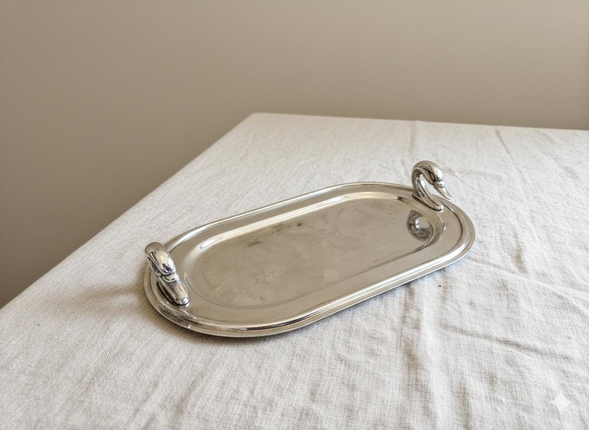 1960s French Chrome Swan Handle Tray, Mid Century Modern Silver