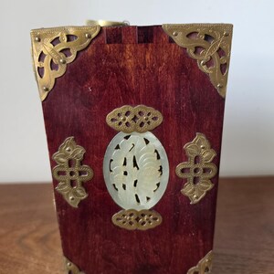 Vintage Chinese Jewelry Cabinet Wooden Keepsake Box Jade Panels Brass Mounted Miniature Apothecary Chest Asian Decor Locking Box image 13
