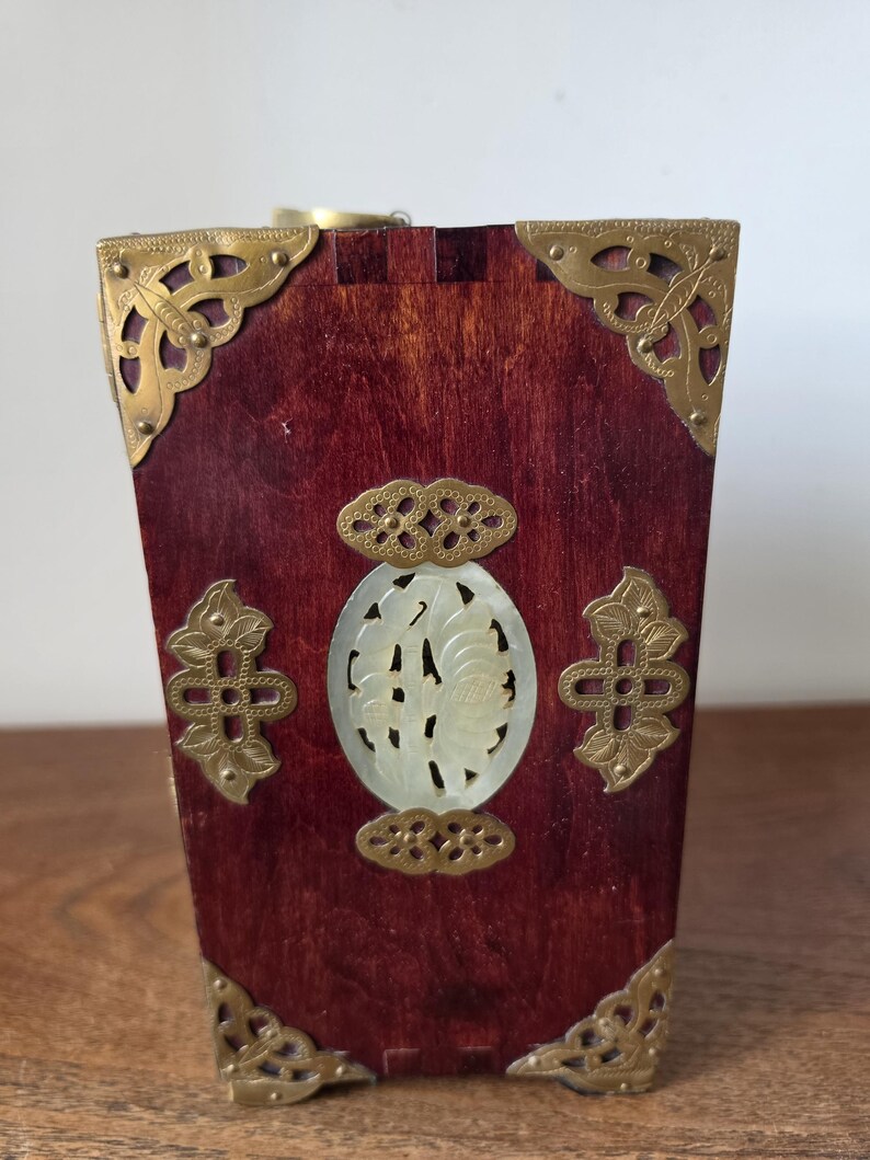 Vintage Chinese Jewelry Cabinet Wooden Keepsake Box Jade Panels Brass Mounted Miniature Apothecary Chest Asian Decor Locking Box image 13