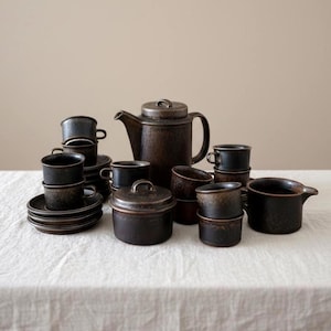Peut inclure: Un service à thé en céramique brun foncé comprenant une grande théière avec couvercle, un sucrier avec couvercle, un pot à lait et plusieurs tasses avec soucoupes assorties. Chaque pièce présente une finition texturée et mouchetée.