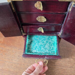 Vintage Chinese Jewelry Cabinet Wooden Keepsake Box Jade Panels Brass Mounted Miniature Apothecary Chest Asian Decor Locking Box image 10