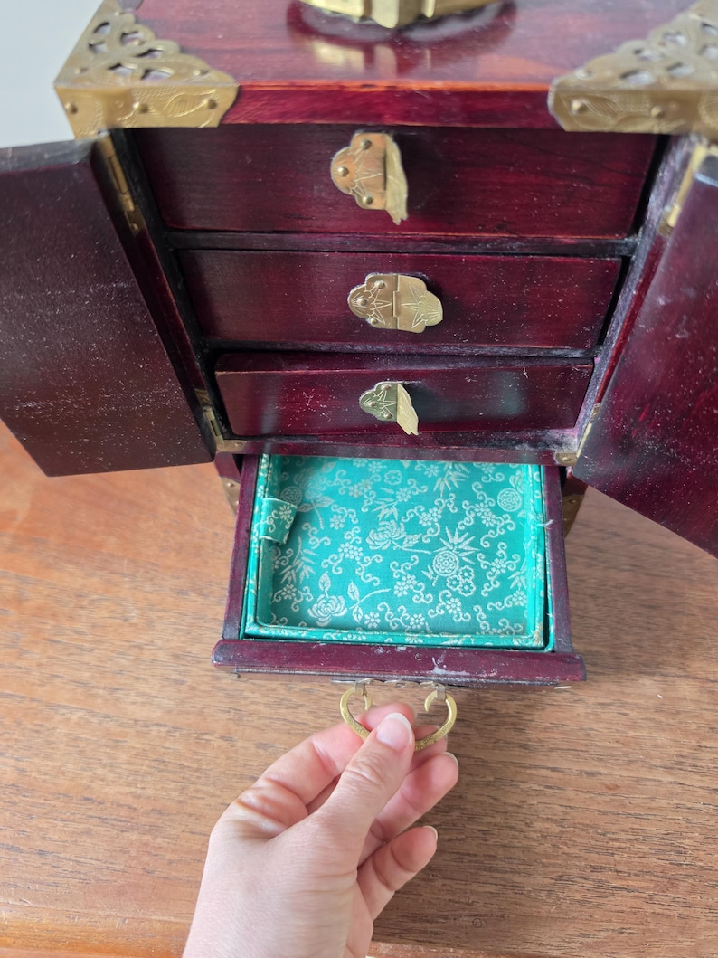 Vintage Chinese Jewelry Cabinet Wooden Keepsake Box Jade Panels Brass Mounted Miniature Apothecary Chest Asian Decor Locking Box image 10