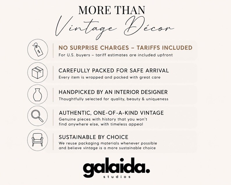 May include: An informational graphic titled MORE THAN Vintage D&eacute;cor with the brand name galaida. studios at the bottom. It features five circular icons representing a price tag, box, vase, magnifying glass, and chair, each paired with descriptive text.