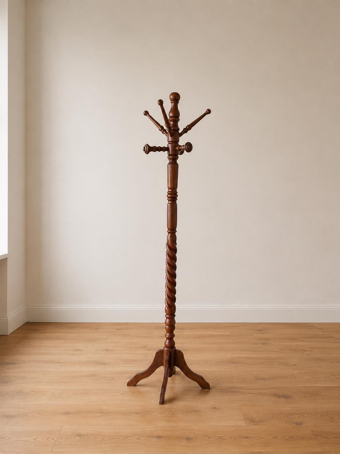Vintage Barley Twist Coat Rack, Solid Wood Hall Tree, Victorian