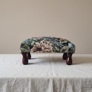 Vintage Floral Tapestry Footstool, Needlepoint Upholstered Ottoman, Cottagecore Vanity Stool, Bun Feet Accent Seat