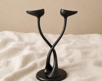 Black Metal Sculptural Candle Holder, Welch Stamped Double Arm Candlestick, Heavy Modernist Centerpiece, MCM Black Decor