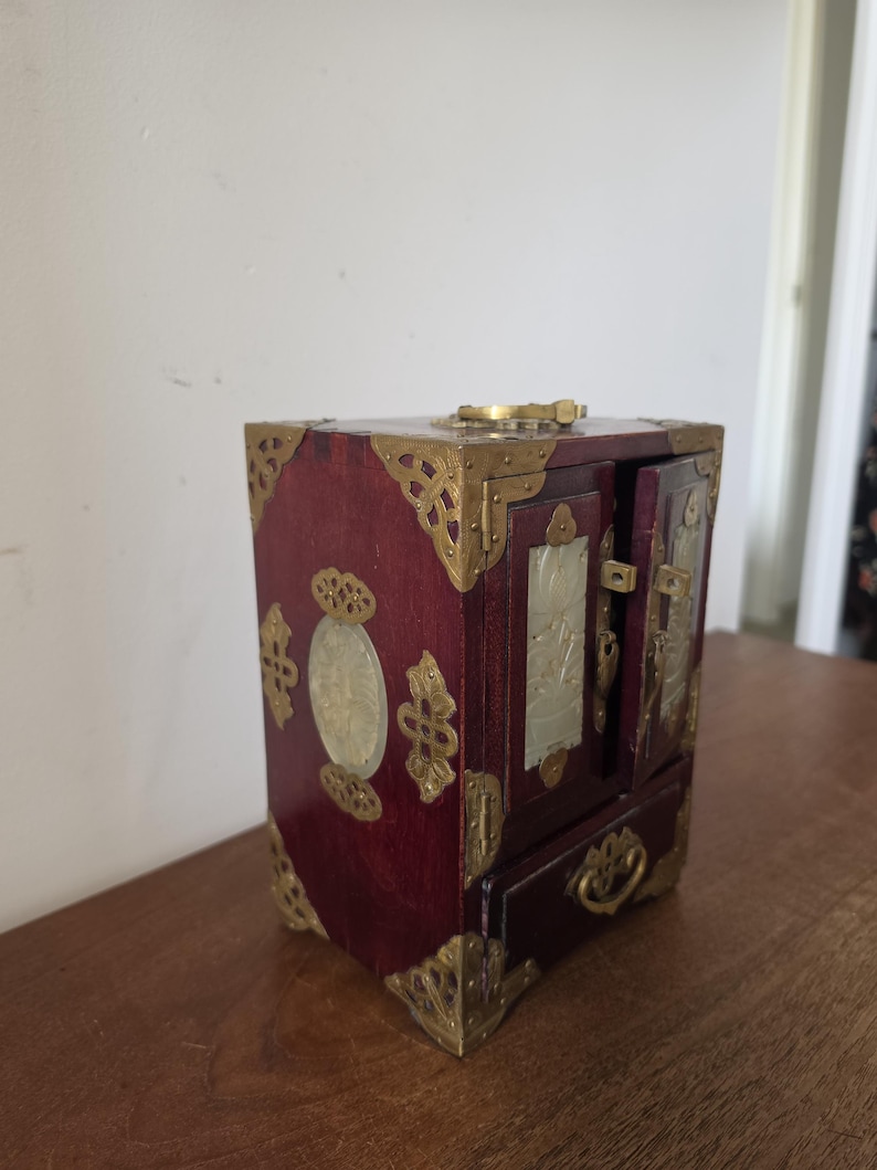 Vintage Chinese Jewelry Cabinet Wooden Keepsake Box Jade Panels Brass Mounted Miniature Apothecary Chest Asian Decor Locking Box image 12