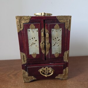 Vintage Chinese Jewelry Cabinet Wooden Keepsake Box Jade Panels Brass Mounted Miniature Apothecary Chest Asian Decor Locking Box image 3