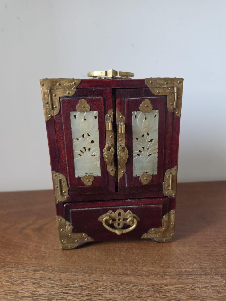 Vintage Chinese Jewelry Cabinet Wooden Keepsake Box Jade Panels Brass Mounted Miniature Apothecary Chest Asian Decor Locking Box image 3