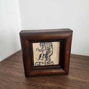 Vintage gemini Zodiac Tile in Wood Frame | 4.6" Ceramic Astrology Tile Wall Art | Mid Century Horoscope Decor, gemini Gift