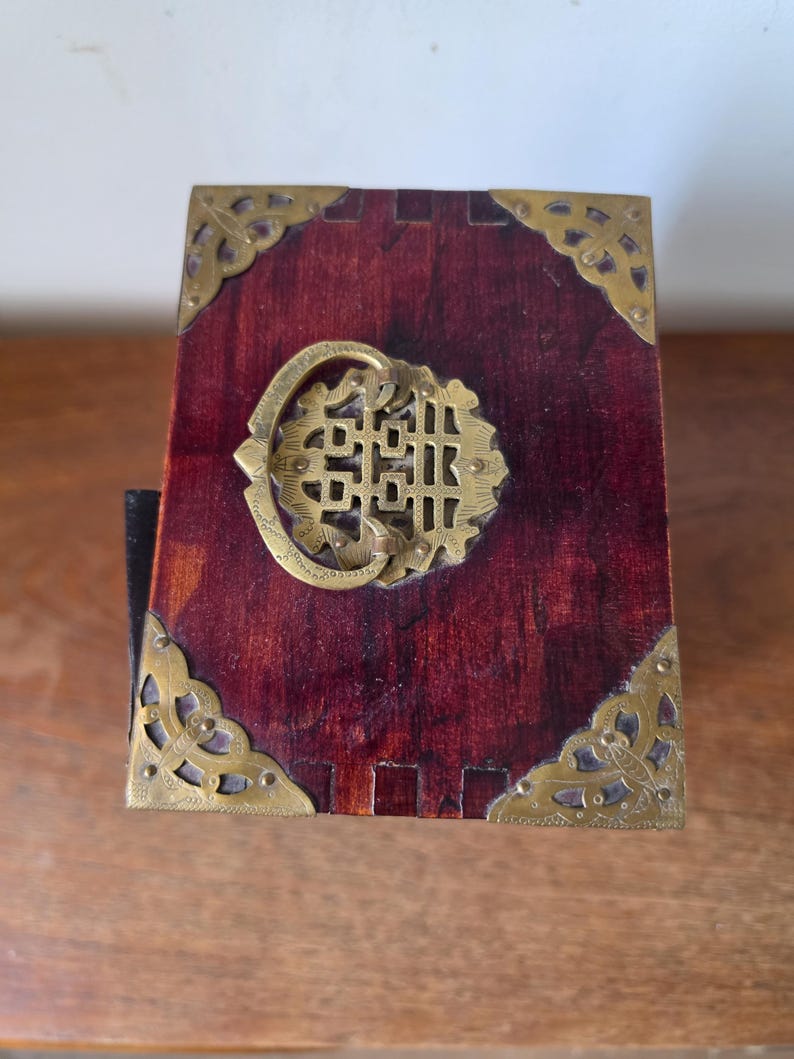Vintage Chinese Jewelry Cabinet Wooden Keepsake Box Jade Panels Brass Mounted Miniature Apothecary Chest Asian Decor Locking Box image 14
