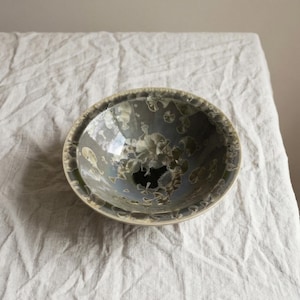 Vintage Crystalline Glaze Studio Pottery Bowl Signed Artist Dish, Mid Century Ceramic Art Bowl Green Drip Glaze Decorative Piece