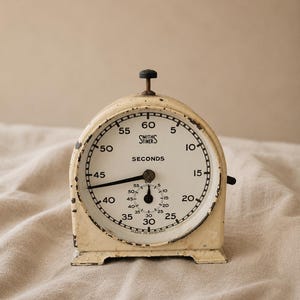 Op de afbeelding: Een vintage analoge stopwatch van Smiths Timers met een crèmekleurige metalen behuizing met gebruikssporen. De witte wijzerplaat bevat zwarte cijfers van 5 tot 60, de tekst "SMITHS TIMERS" en "SECONDS", en een kleine sub-wijzerplaat.