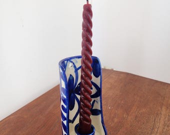 青と白のタラベラ焼き壁掛けキャンドルホルダー、手描きのセラミック製