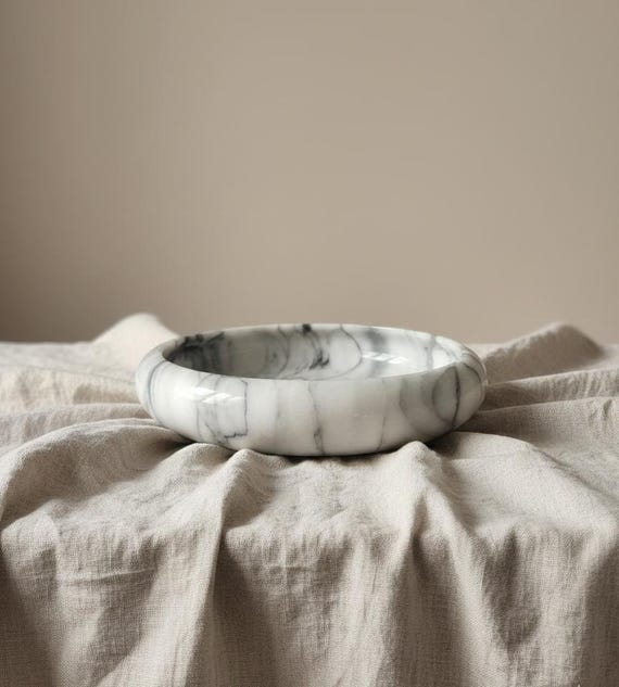Vintage Marble Bowl, White and Gray Stone Catchall Dish, Heavy Round Marble Centerpiece, Minimalist Coffee Table Decor