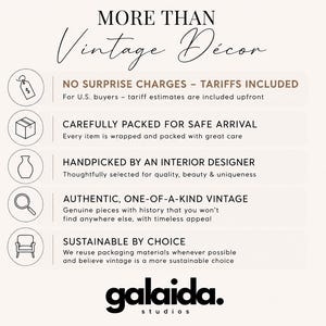 May include: An informational graphic titled MORE THAN Vintage D&eacute;cor with the brand name galaida. studios at the bottom. It features five circular icons representing a price tag, box, vase, magnifying glass, and chair, each paired with descriptive text.