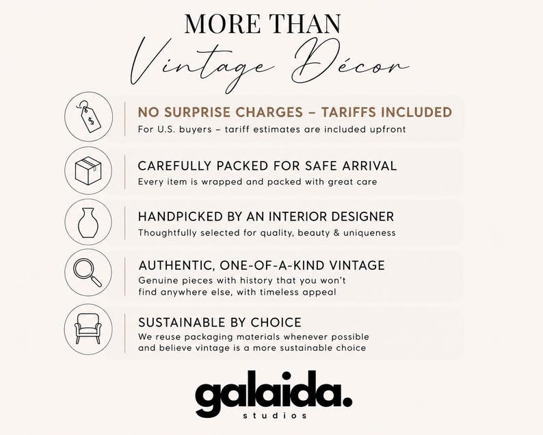 May include: An informational graphic titled MORE THAN Vintage D&eacute;cor with the brand name galaida. studios at the bottom. It features five circular icons representing a price tag, box, vase, magnifying glass, and chair, each paired with descriptive text.