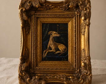 Original Greyhound Oil Painting, Hand Painted Whippet Portrait, Vintage Gilded Frame, Dog Lover Wall Art, One of a Kind Artwork