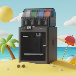 May include: A dark gray 3D printer with a clear top containing spools of filament in white, green, blue, and red. The scene is set on a beach with a palm tree, beach ball, and umbrella. The printer has the text "Bambu Lab" on the side.