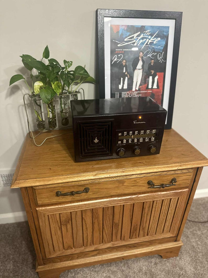 May include: A vintage Emerson radio with a dark brown finish sits atop a wooden cabinet. The cabinet has a drawer and a lower door with vertical paneling. A framed poster and a plant in a glass vase are also on the cabinet.