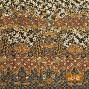 May include: A detailed textile pattern featuring a repeating design of stylized birds, flowers, and geometric shapes in shades of brown, black, and gold. The fabric has a textured appearance, with the text "Kode Katalog WKB 50.1" in the lower right corner.