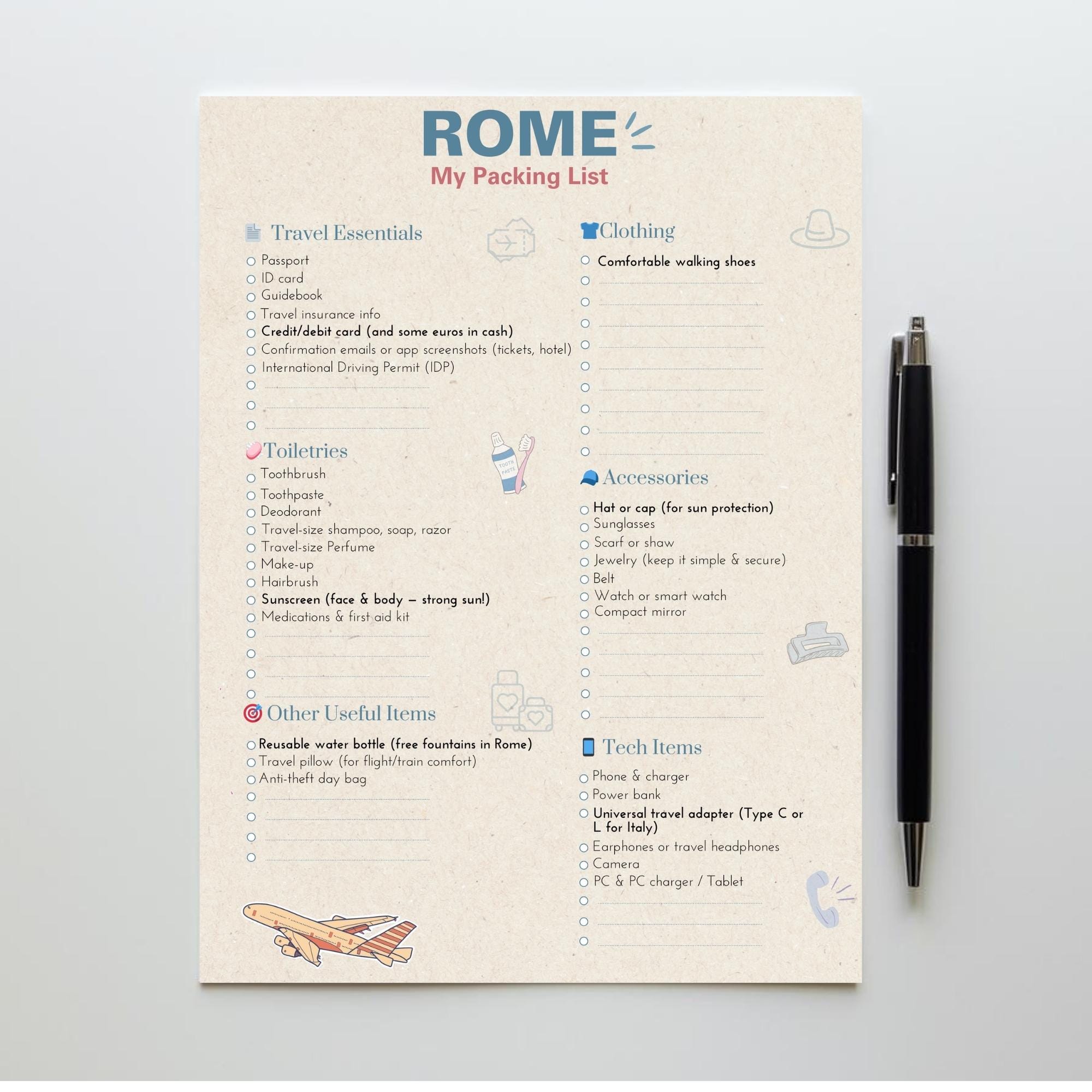 Sample Roma Checklists Rome Travel Packing List — Printable PDF Checklist With Seasonal Must ...