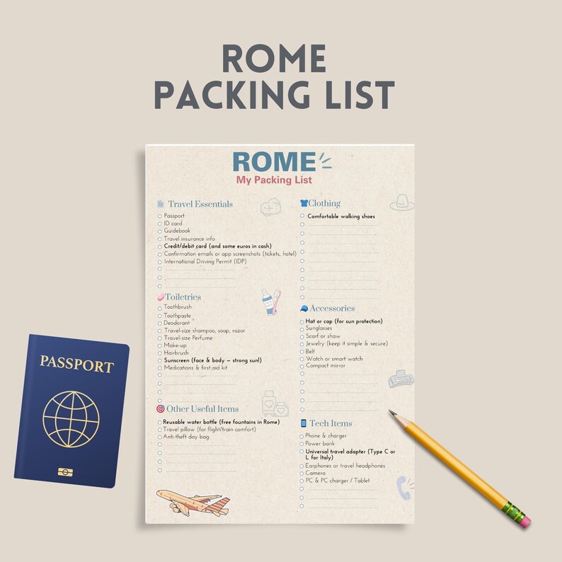Sample Roma Checklists Rome Travel Packing List — Printable PDF Checklist With Seasonal Must ...