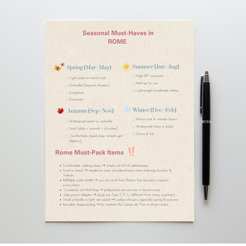 Sample Roma Checklists Rome Travel Packing List — Printable PDF Checklist With Seasonal Must ...