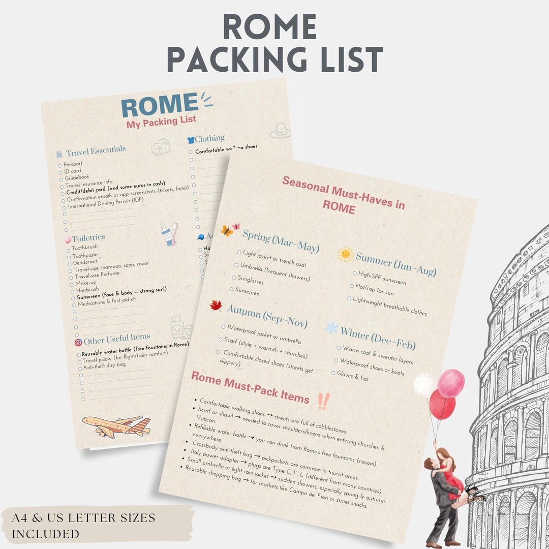 Sample Roma Checklists Rome Travel Packing List — Printable PDF Checklist With Seasonal Must ...