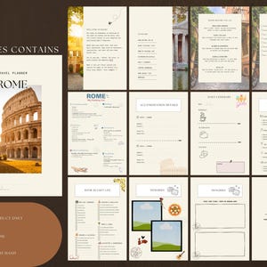 Könnte beinhalten: Ein Reiseplaner für Rom mit 20 Seiten. Das Cover zeigt das Kolosseum. Enthält Packlisten, Reiserouten und Notizseiten. Ein digitales Produkt zum Selbstausdrucken.